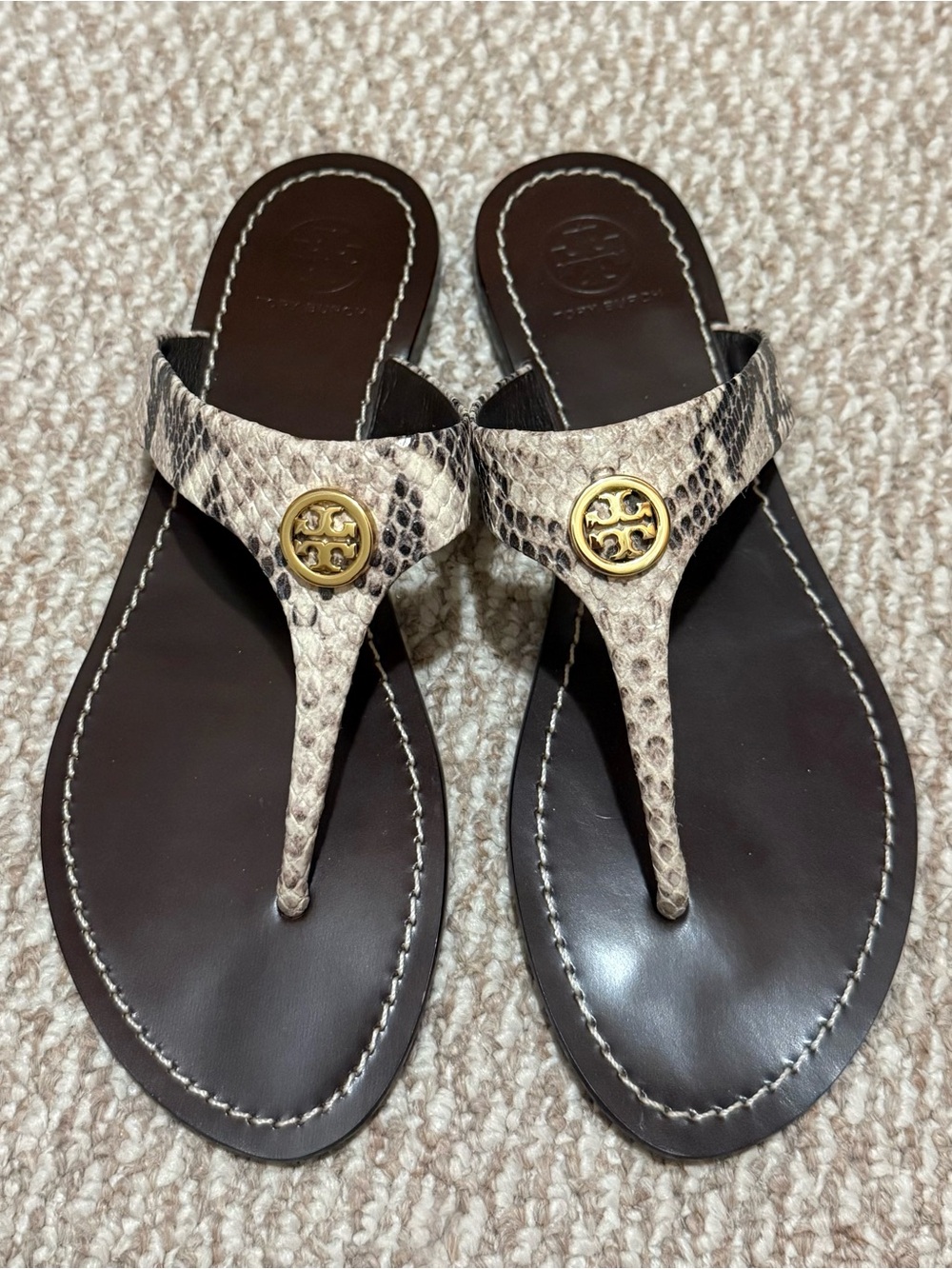 Tory Burch Python-Print Thong Sandals with Gold Logo